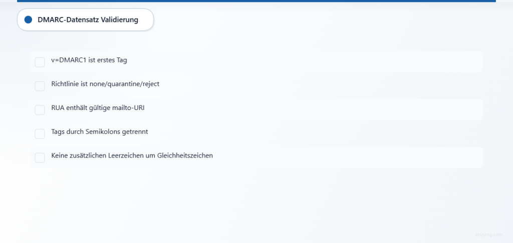 Checkliste mit fünf Punkten zur Validierung der DMARC-Record-Syntax und Formatierungsanforderungen.