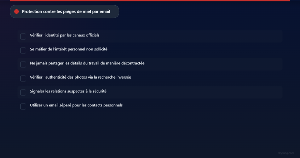 Liste de contrôle en six points pour se protéger contre les attaques de honey trap par email.