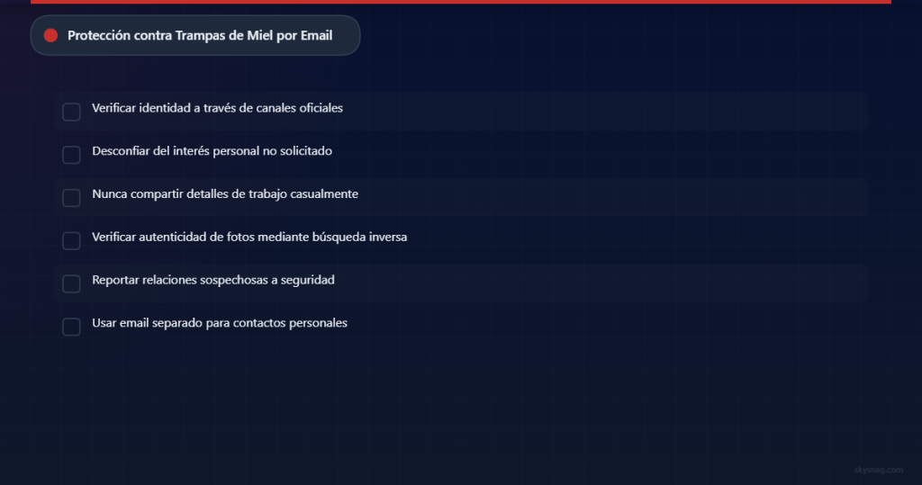 Lista de verificación de seis puntos para protegerse contra ataques de honey trap por correo electrónico.