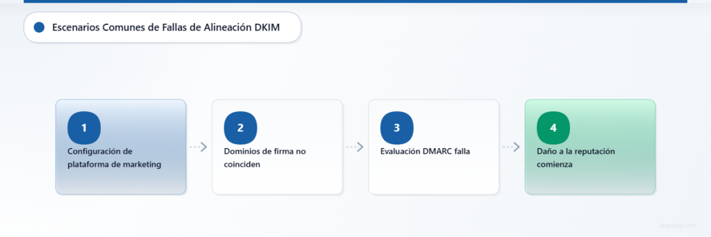 Diagrama de flujo que muestra cómo los desajustes de dominio en plataformas de marketing provocan fallos de DMARC y daños a la reputación.