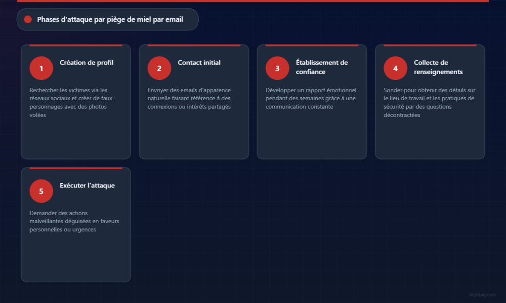 Processus de honey trap en cinq phases, de la création du profil à l’exécution de l’attaque.