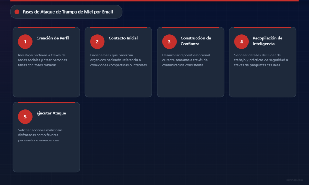 Proceso de honey trap en cinco fases desde la creación del perfil hasta la ejecución del ataque.
