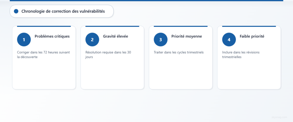 Calendrier de remédiation des vulnérabilités en quatre étapes, allant des correctifs critiques sous 72 heures aux examens trimestriels des priorités faibles.