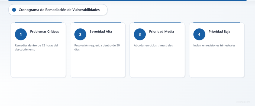 Cronograma de remediación de vulnerabilidades en cuatro pasos, desde correcciones críticas en 72 horas hasta revisiones trimestrales de baja prioridad.