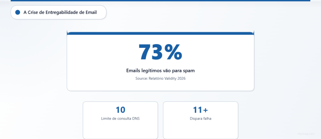 73% dos e-mails empresariais falham na entrega devido a problemas de autenticação.