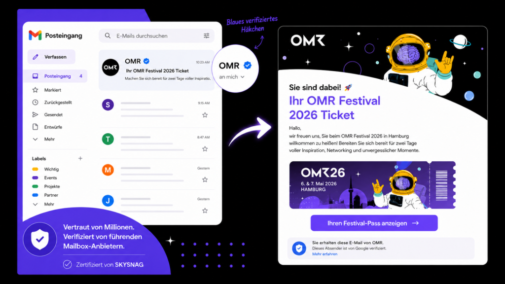 "Erfahren Sie, wie das OMR Festival 2026 Millionen vertrauenswürdiger Event-E-Mails mit Skysnag zustellte und dabei DMARC-Compliance, hohe Zustellbarkeit sowie Schutz vor Phishing und E-Mail-Spoofing gewährleistete."