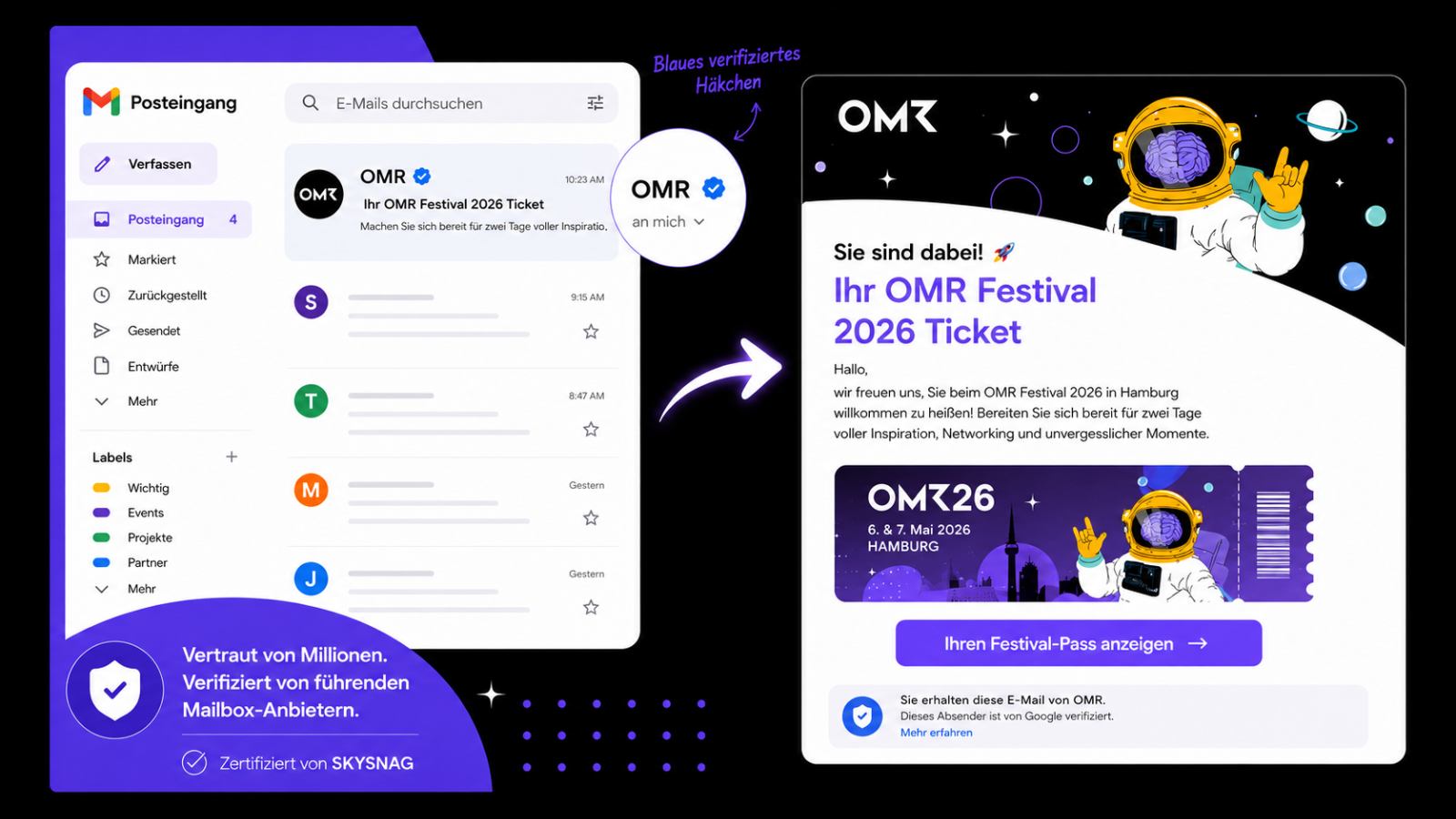 "Erfahren Sie, wie das OMR Festival 2026 Millionen vertrauenswürdiger Event-E-Mails mit Skysnag zustellte und dabei DMARC-Compliance, hohe Zustellbarkeit sowie Schutz vor Phishing und E-Mail-Spoofing gewährleistete."