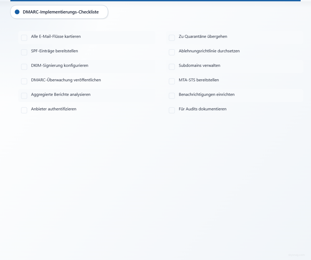 Zwölfstufige Checkliste für Zahlungsdienstleister zur Implementierung der DMARC-E-Mail-Authentifizierung.