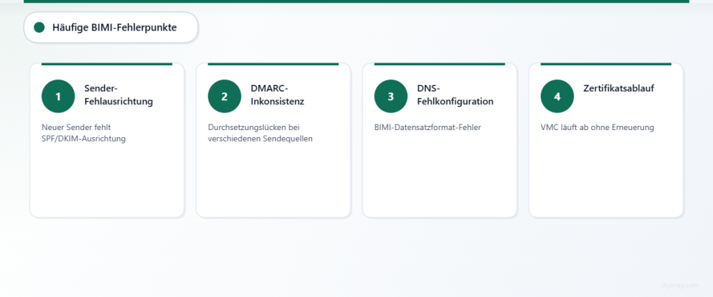 Vierstufiger Prozess zur Darstellung der Fehlerpunkte bei der BIMI-Implementierung