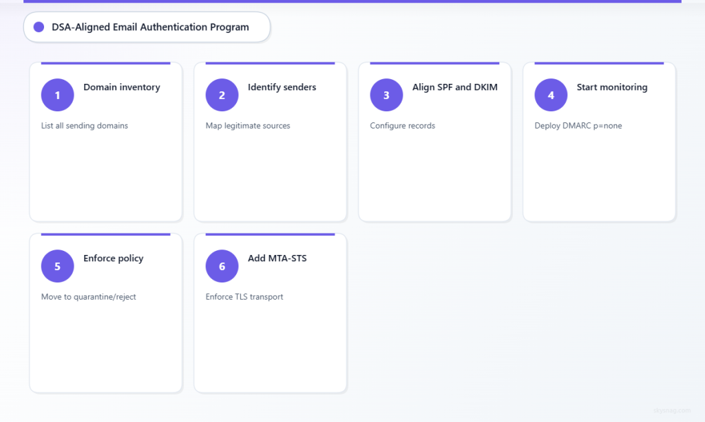 Six-step process from domain inventory through MTA-STS enforcement for email authentication