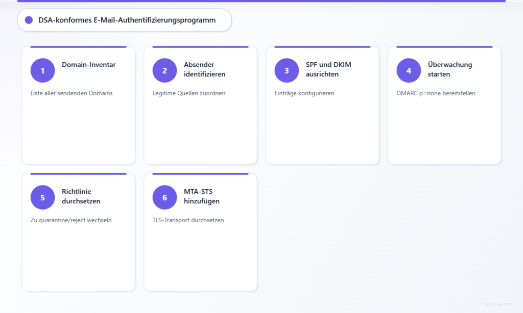 Sechsstufiger Prozess von der Domain-Inventarisierung bis zur Durchsetzung von MTA-STS für eine umfassende E-Mail-Authentifizierung.