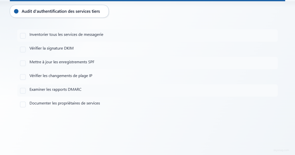 Liste de contrôle en six points pour auditer l’authentification des services de messagerie tiers, incluant l’inventaire, la vérification DKIM, les mises à jour SPF, la surveillance des adresses IP, la révision de DMARC et la documentation.