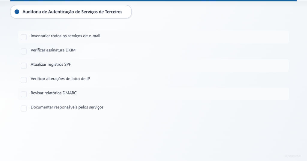 Lista de verificação com seis itens para auditoria da autenticação de serviços de e-mail de terceiros, incluindo inventário, verificação de DKIM, atualizações de SPF, monitoramento de IPs, revisão de DMARC e documentação.