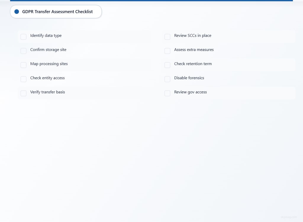 10-step GDPR checklist for DMARC provider assessment including data mapping, transfer mechanisms, and access controls