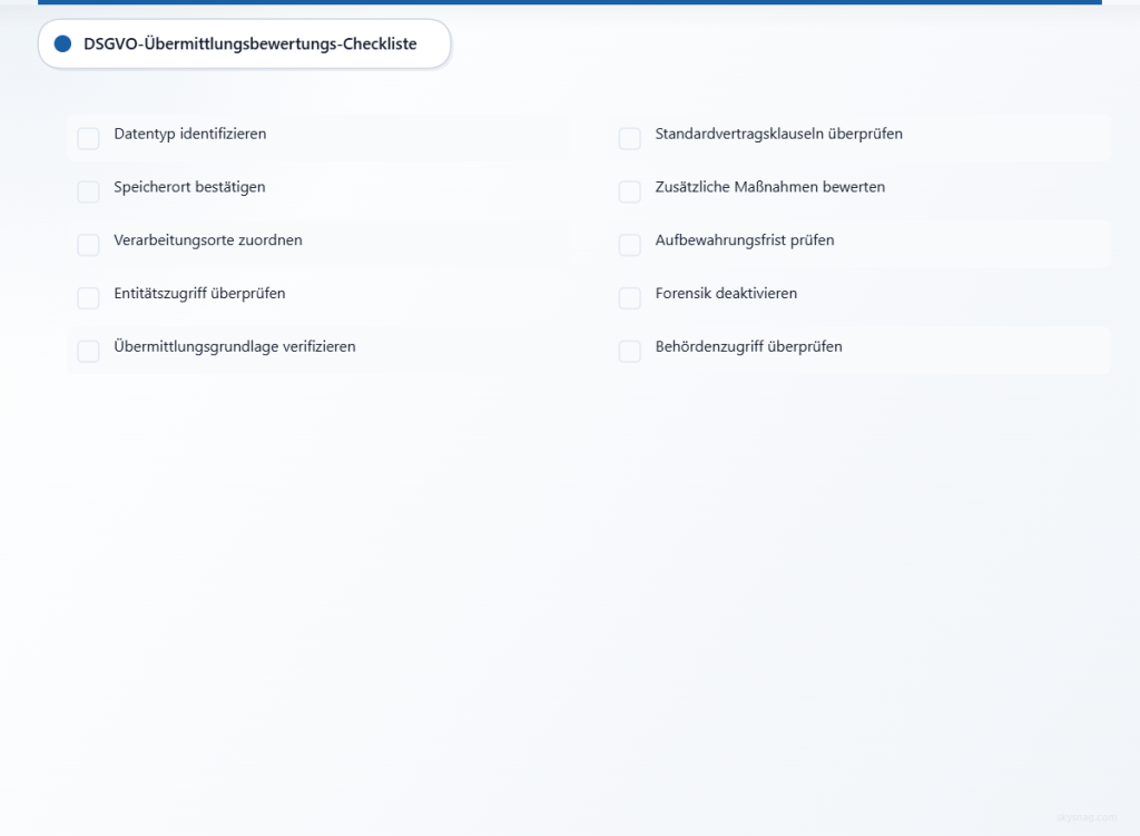 10-Schritte-GDPR-Checkliste zur Bewertung von DMARC-Anbietern, einschließlich Datenmapping, Übertragungsmechanismen und Zugriffskontrollen.