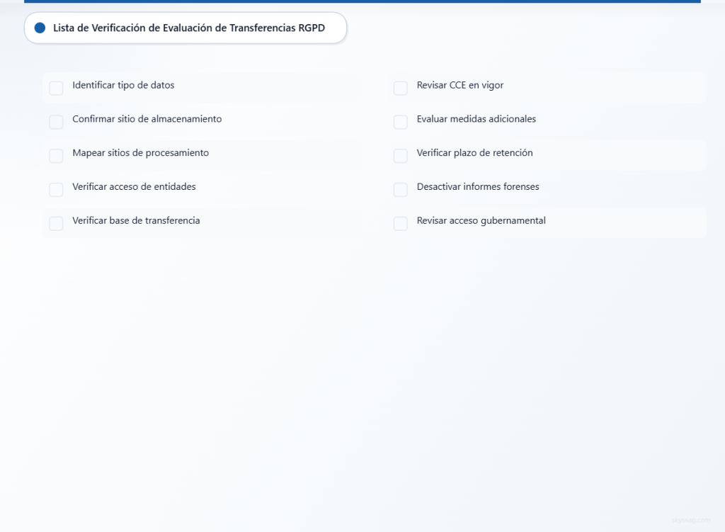 Lista de verificación GDPR de 10 pasos para evaluar proveedores de DMARC, incluyendo el mapeo de datos, mecanismos de transferencia y controles de acceso.
