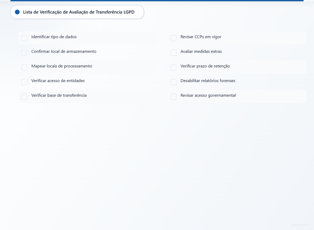 Checklist de 10 etapas de GDPR para avaliação de provedores de DMARC, incluindo mapeamento de dados, mecanismos de transferência e controles de acesso.