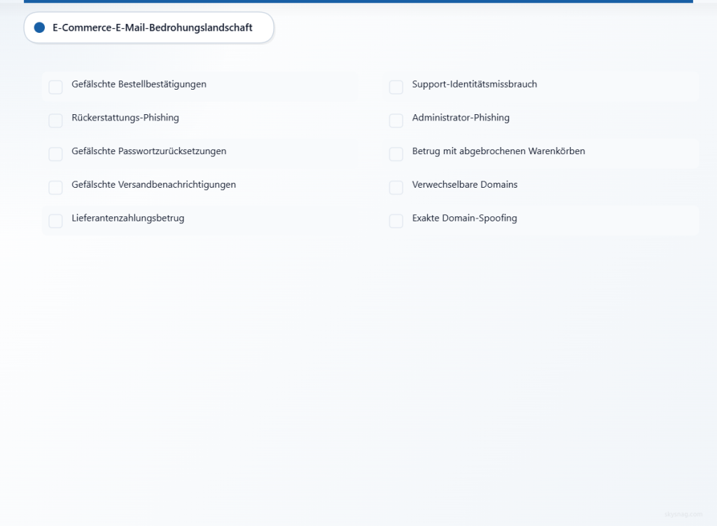 Checkliste der zehn häufigsten E-Mail-Bedrohungen, die auf E-Commerce-Unternehmen abzielen, einschließlich Bestellbetrug und Zahlungsbetrug.