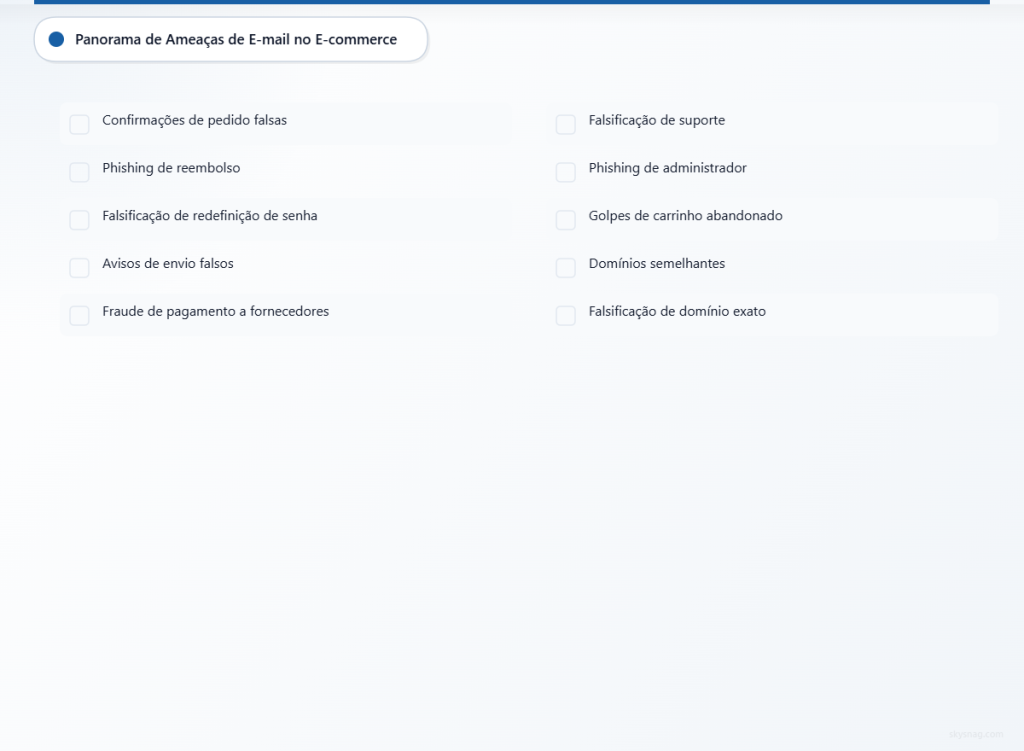 Checklist com dez ameaças comuns por e-mail que afetam empresas de comércio eletrônico, incluindo fraudes em pedidos e golpes de pagamento.