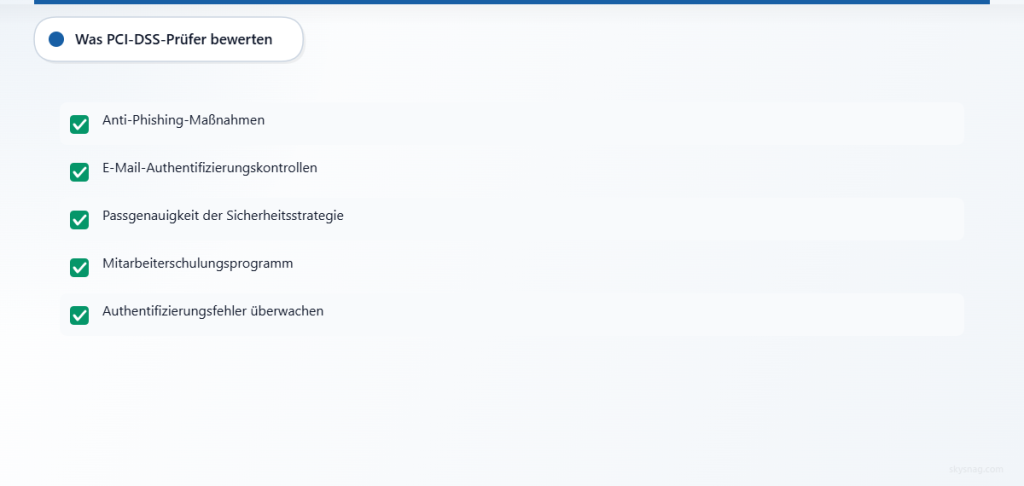 Checkliste mit fünf Punkten, die Prüfer während der PCI-DSS-Bewertung der E-Mail-Sicherheit überprüfen.
