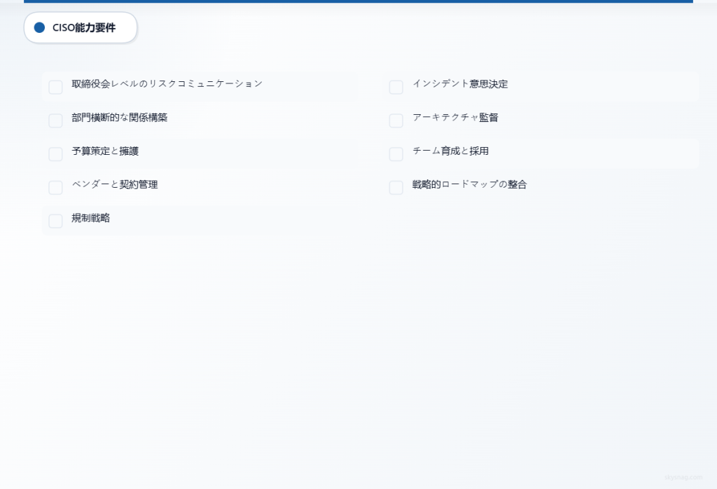 CISOに求められる9つの重要な能力:取締役会とのコミュニケーション、部門横断的な関係構築、予算管理、ベンダー交渉、規制対応戦略、インシデント対応、セキュリティアーキテクチャの監督、チーム育成、そして戦略的ロードマップとの整合性。