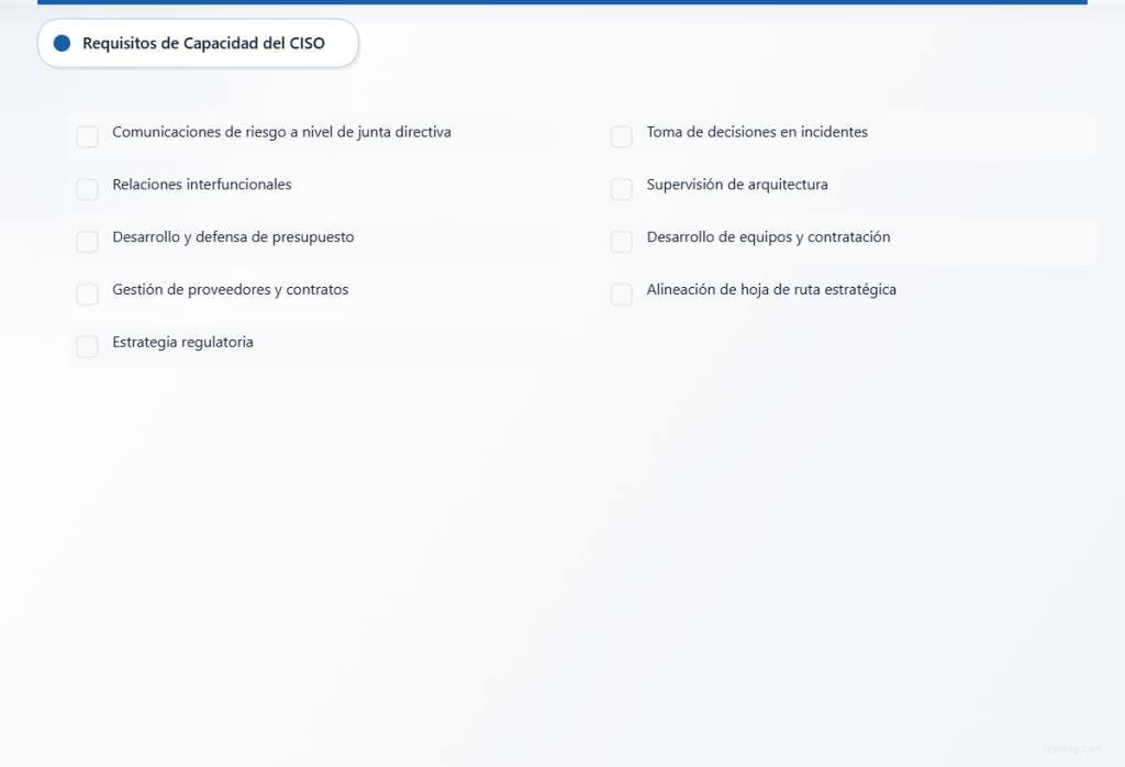Nueve capacidades críticas de un CISO: comunicación con la junta directiva, relaciones interfuncionales, gestión del presupuesto, negociación con proveedores, estrategia regulatoria, respuesta a incidentes, supervisión de la arquitectura de seguridad, desarrollo del equipo y alineación con la hoja de ruta estratégica.