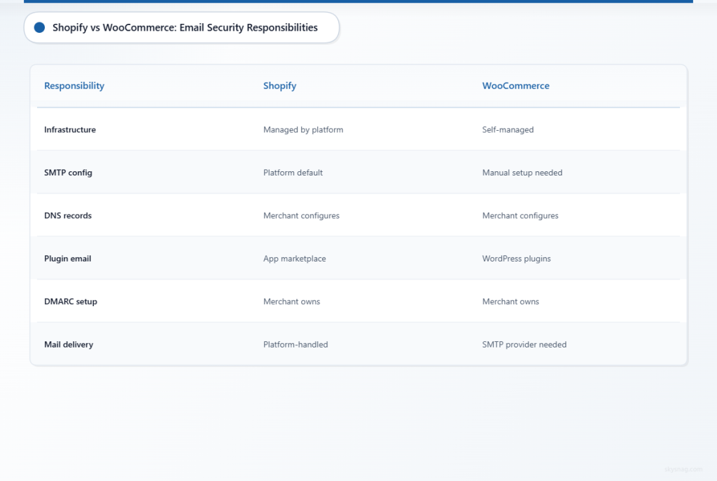 Table comparing email security responsibilities between Shopify hosted platform and self-managed WooCommerce stores