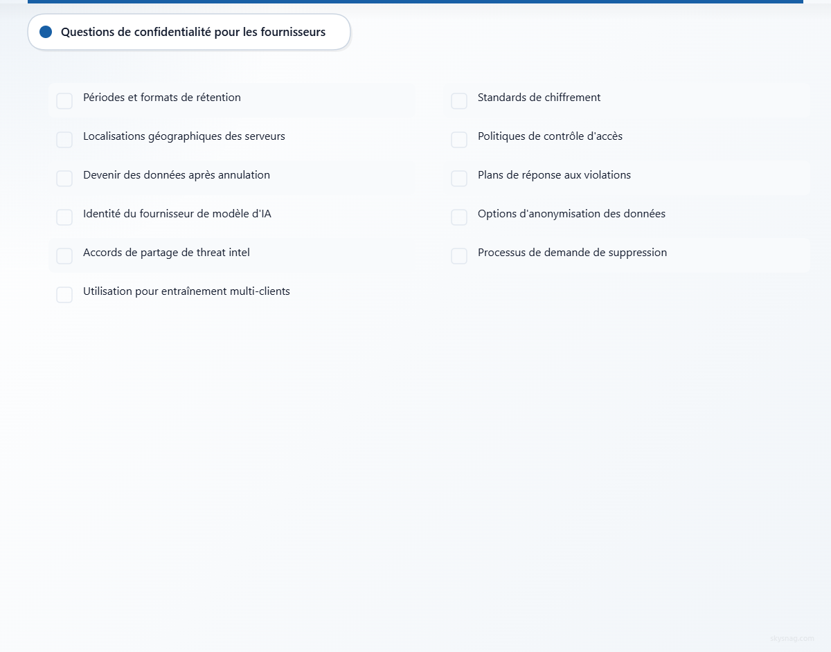 Liste de contrôle de onze questions essentielles sur la confidentialité des données à poser aux fournisseurs de solutions d’IA pour DMARC, couvrant la conservation des données, leur localisation géographique, les relations avec des tiers, les contrôles de sécurité et la minimisation des données.