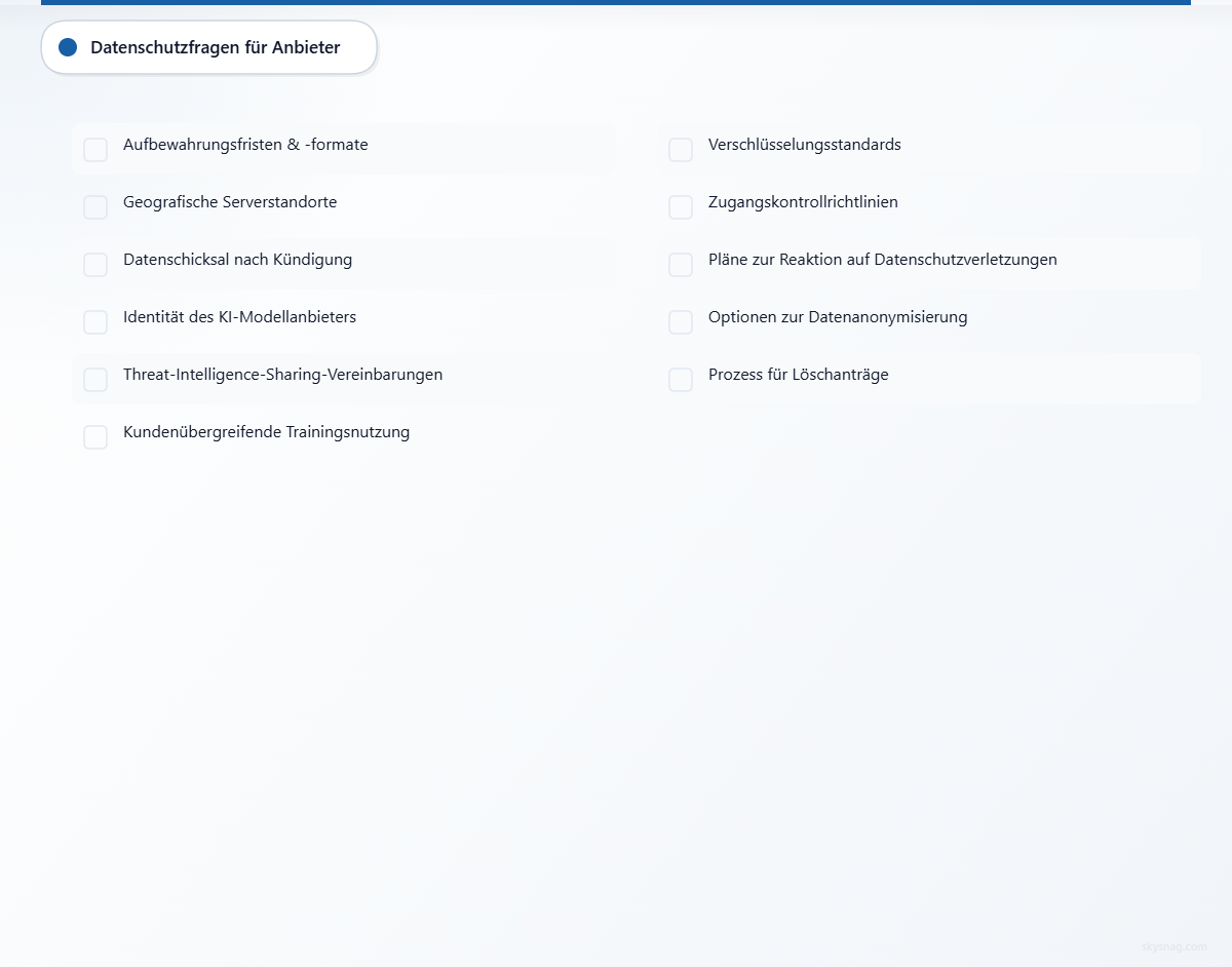 Checkliste mit elf wichtigen Datenschutzfragen für Anbieter von DMARC-KI-Lösungen zu Datenspeicherung, geografischem Speicherort, Beziehungen zu Drittanbietern, Sicherheitskontrollen und Datenminimierung.