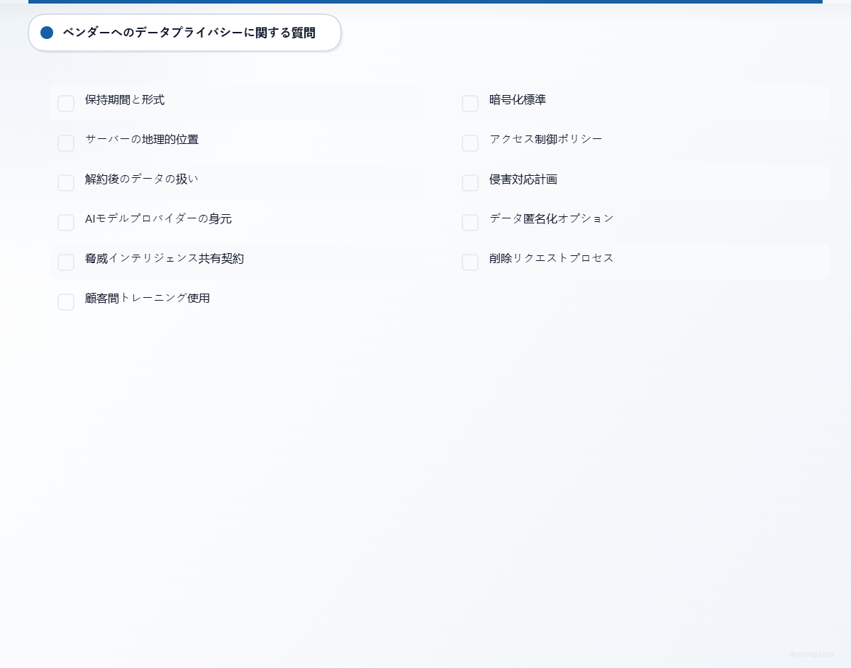 DMARC向けAIベンダーに確認すべき、データ保持、地理的な保存場所、第三者との関係、セキュリティ管理、データ最小化を網羅した11の重要なデータプライバシー質問チェックリスト。