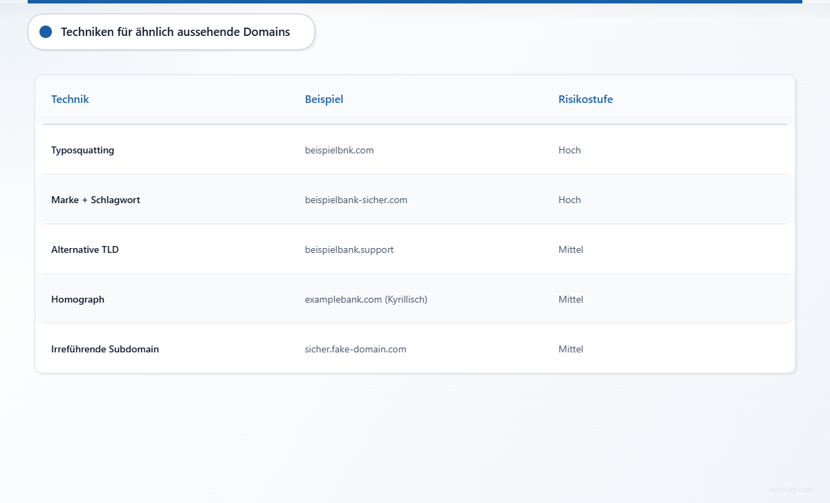 Vergleichstabelle mit fünf Domain-Spoofing-Methoden, einschließlich Beispielen und Risikobewertungen