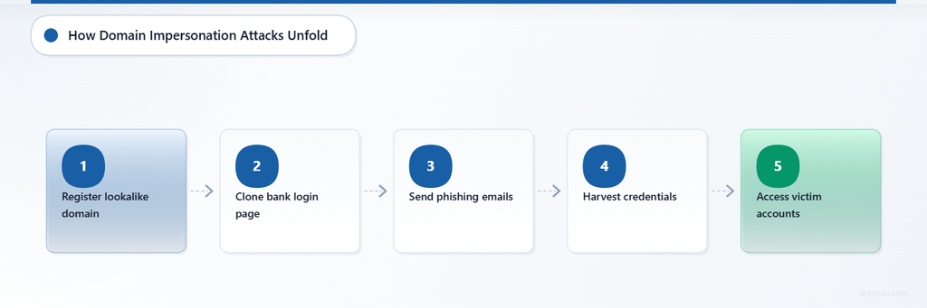 Five-step attack flow showing domain registration through account compromise