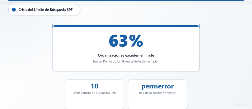 El 63 % de las organizaciones que utilizan 3 o más plataformas de correo electrónico superan el límite SPF de 10 consultas DNS en un plazo de 18 meses, lo que provoca errores permanentes de autenticación del correo electrónico.